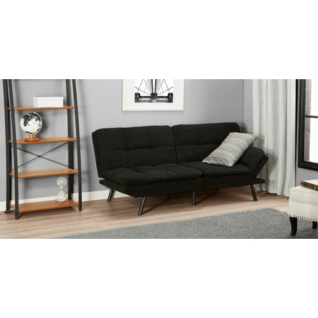 Black Faux Leather Sturdy Mainstay Convertible Double Duty Wooden Frame Split Seat and Foldable Bed in One Memory Foam Futon with Polyester Allergy Relief Pillow